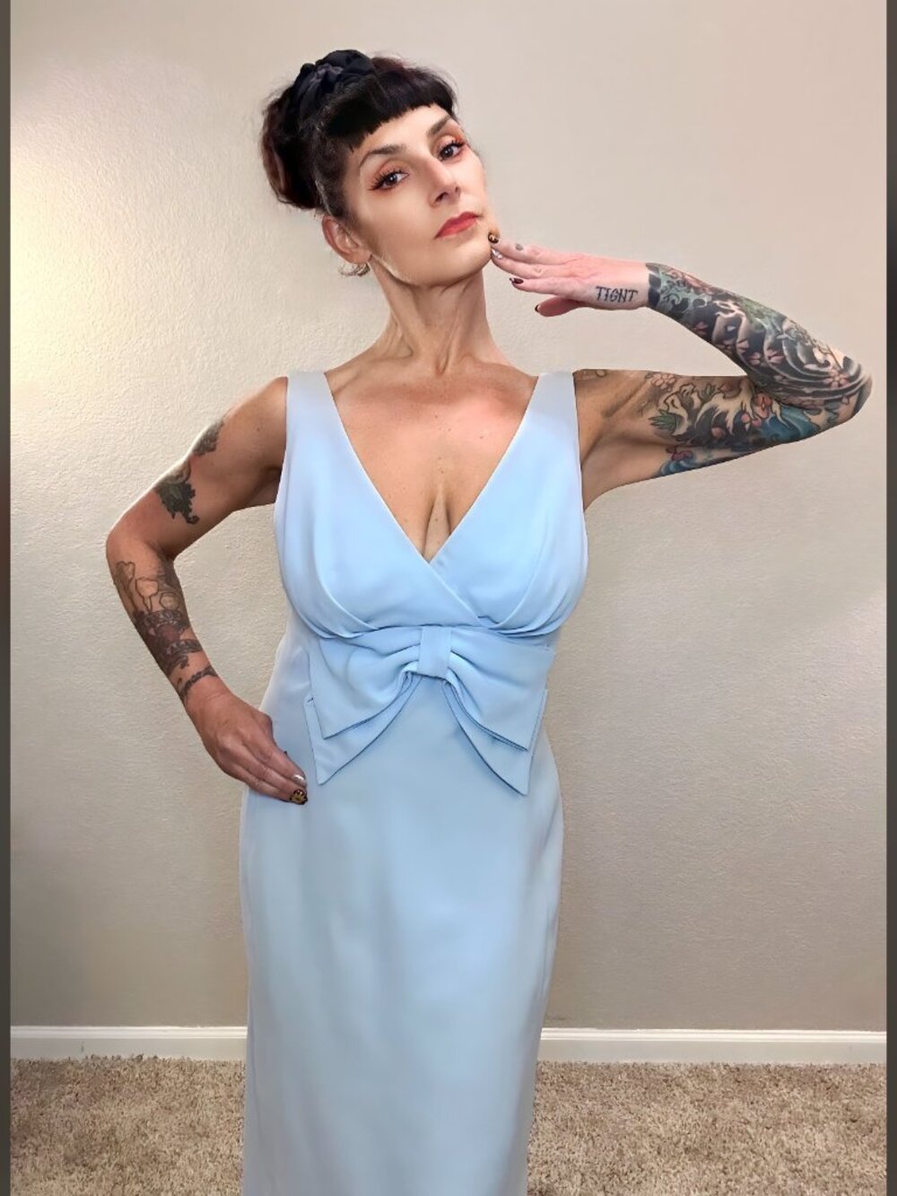 60s Powder Blue Sheath Dress Bodycon Mod MCM Big Bow Pinup Rockabilly M L